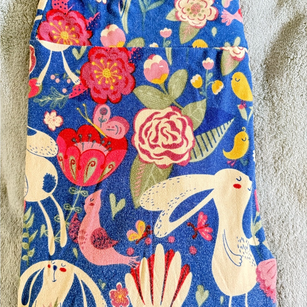 LuLaRoe Blue Floral & Bunny Leggings with Pink, Red and Yellow Accents